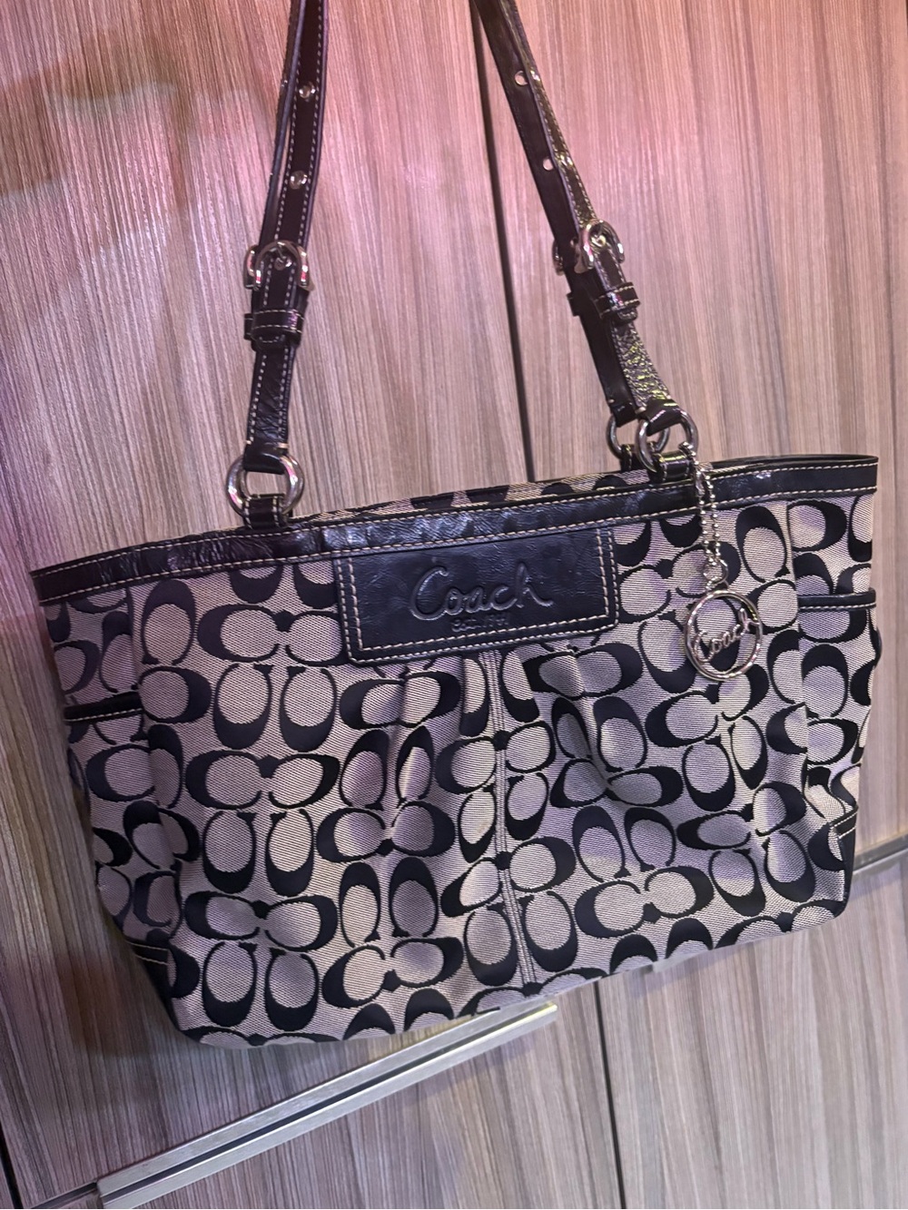 Coach Black and Cream Signature Canvas Tote with Logo Charm